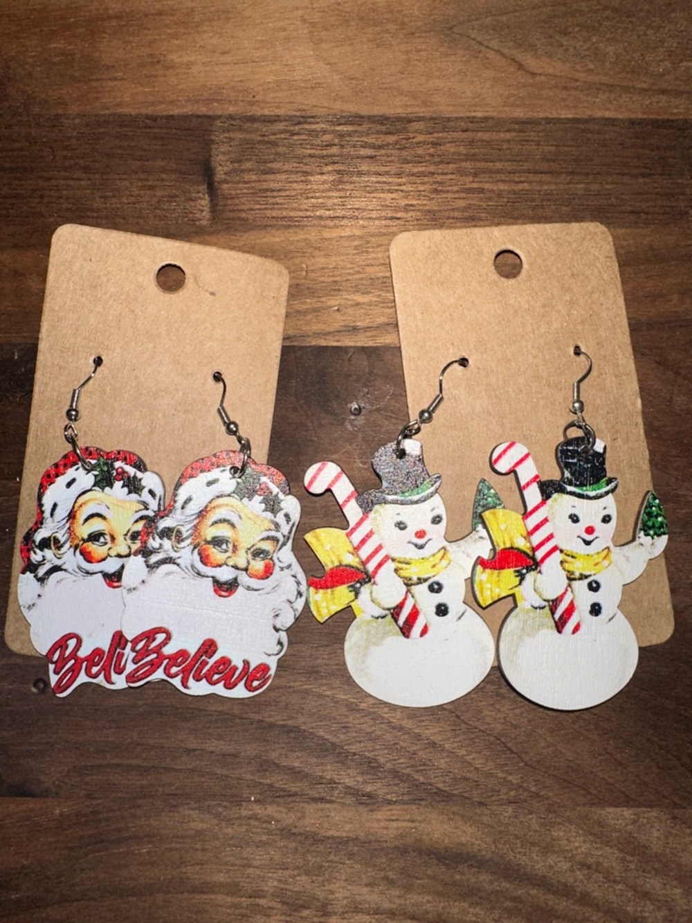 Wooden Holiday Santa and Snowman Dangle Earrings - Red, White, Yellow, Green
